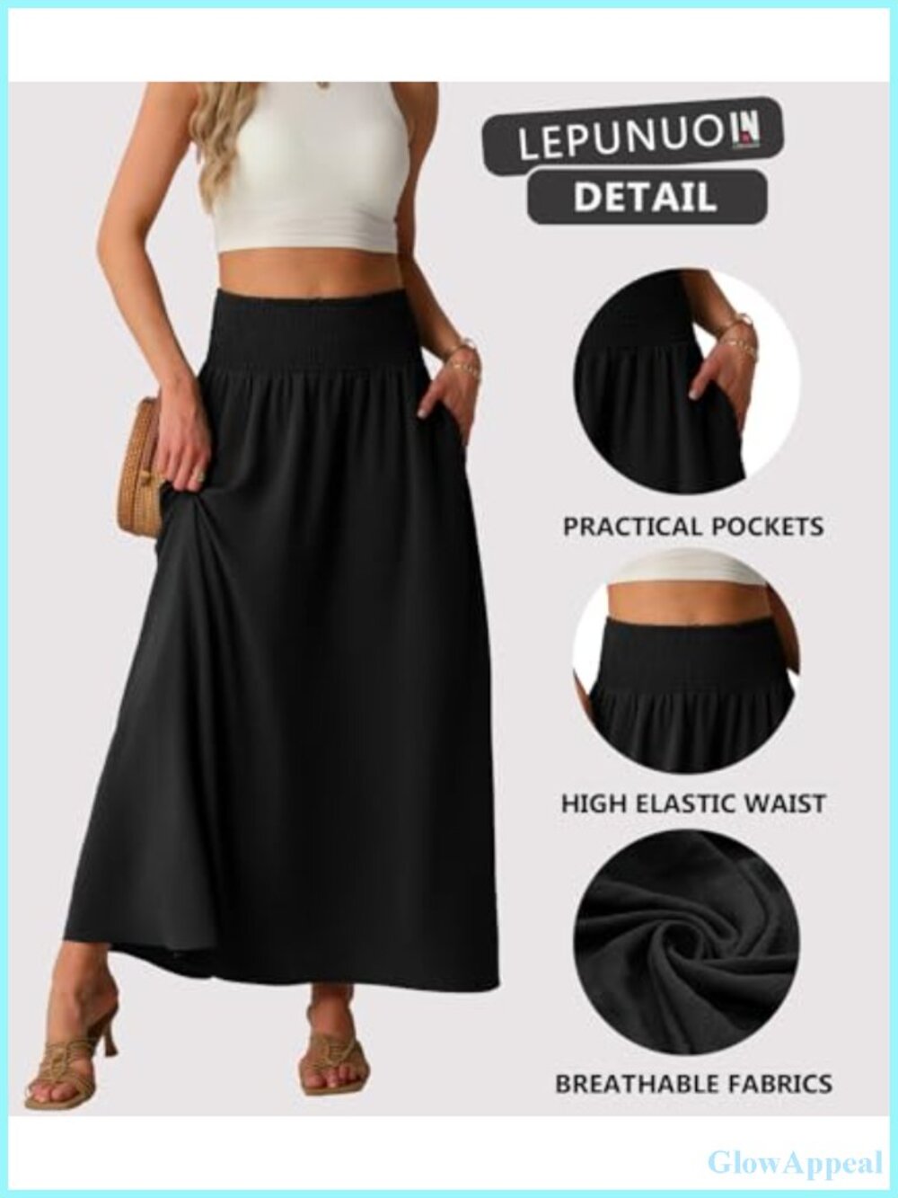 Women's Maxi Skirt High Waisted Smocked Casual Boho Swing Pleated Long Skirts - Picture 4 of 6